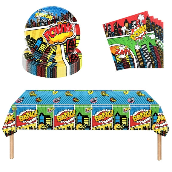 Hero Party Tableware Set Disposable Birthday Party Supplies Tablecloth,Plates and Napkins Baby Shower Hero Theme Party Decorations Serve 20 Guests