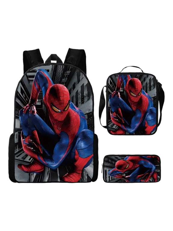 Hero Print 3-Piece Backpack Set with Lunch Bag & Pencil Case, Vibrant Spider Superhero Design School Bag for Boys & Teens