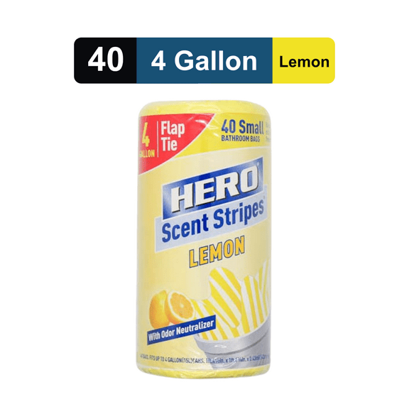 Hero Scent Stripes 4-Gallon, Lemon Scented, Small Flap Tie Trash Bags, 40 Count
