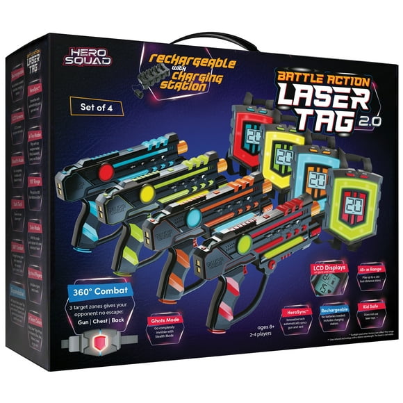 Hero Squad Laser Tag Set of 4 – Rechargeable Guns with LCD & 360° Sensors – Fun for Kids, Teens & Adults
