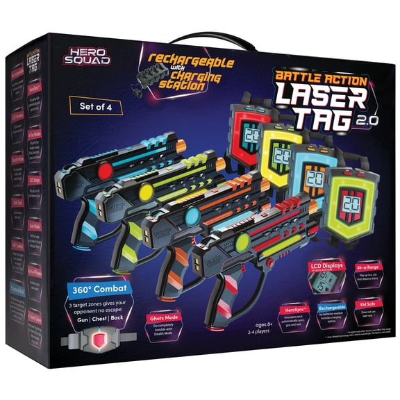 Hero Squad Laser Tag Set of 4  Rechargeable Blasters with LCD & 360 Sensors  Fun for Kids, Teens & Adults