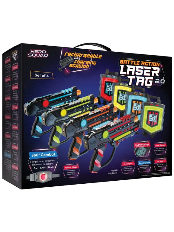 Laser Tag Set Rechargeable Blasters LCD 360 Degree Sensors Indoor Outdoor Multicolor 4 Count