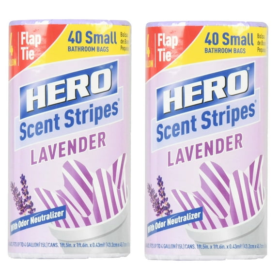 Hero Tall Kitchen Trash Bags, 4 Gallon, 40 Bags, Lavendar Scent, Odor Neutralizer, Flap Ties, Lavendar and White in Color, 2 Pack