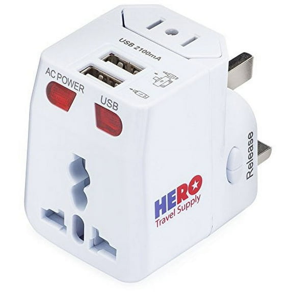 Hero Universal Travel Adapter (2 USB Ports) - Power Plug for US Europe France UK Ireland Thailand NZ Australia 100+ Countries