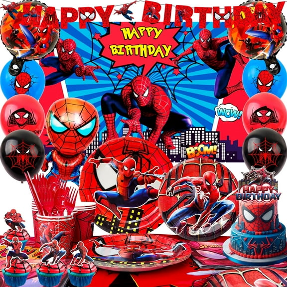 Hero Web Theme Party Supplies, 115 Pcs Party Decorations & Tableware Set - Plates, Cups, Napkins, Tablecloth, Balloons, Backdrop Banner for Superhero Birthday Decorations