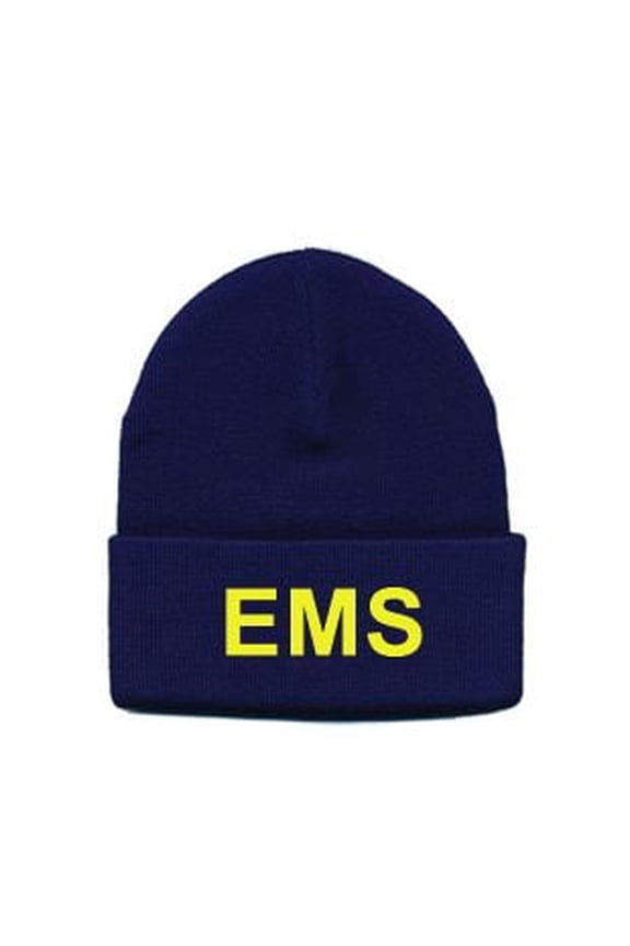 EMS Beanie - Acrylic Knit Watch Cap with Medium Gold Embroidery, One Size, Navy