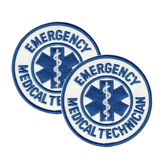 Hero's Pride EMT Shoulder Patch, Reflective White with Blue Border, 3.5" Round, 2-Pack