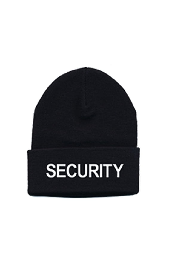 Beanie - Black Acrylic Knit Watch Cap with White Embroidery, One Size