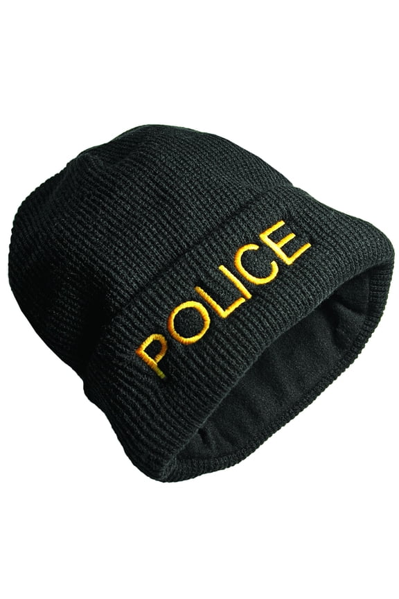 POLICE Beanie Watch Cap  Black Fleece, Medium Gold Embroidery, One Size, Acrylic Knit