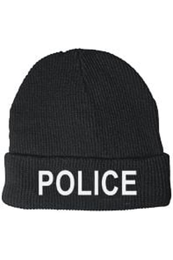 POLICE Beanie Watch Cap  Black Fleece, Medium Gold Embroidery, One Size, Acrylic Knit