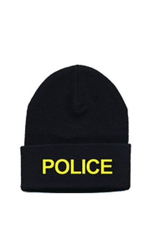 POLICE Beanie - Black Acrylic Knit Watch Cap with Medium Gold Embroidery, One Size
