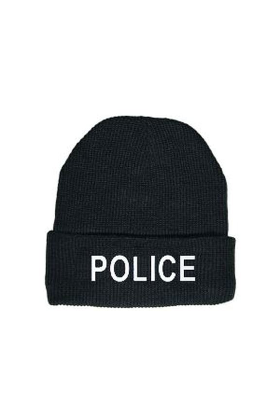POLICE Watch Cap Black with White Embroidery One Size Fits All Acrylic Knit