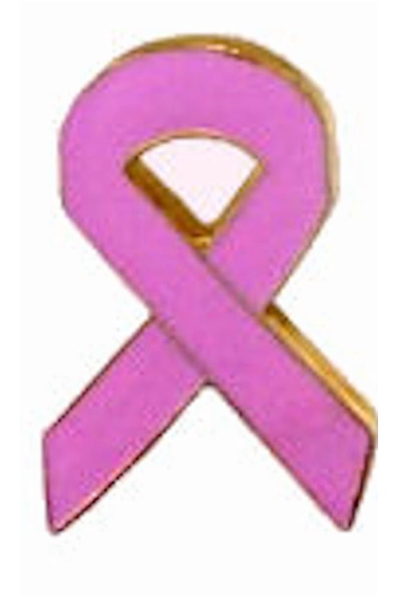 Pink Ribbon Awareness Pin, Enameled & Plated Finish, Rubber Clutch Backing, 1" Wide