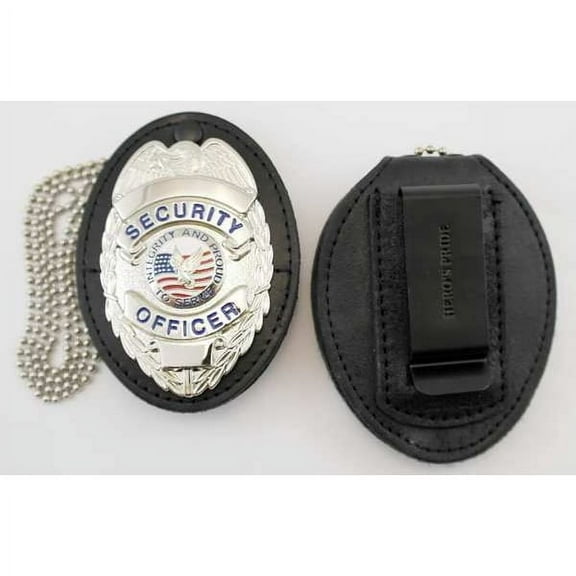Hero's Pride Universal Oval Badge Holder Leather with Clip & Chain, 2 5/8" x 3 5/8", Shield Style