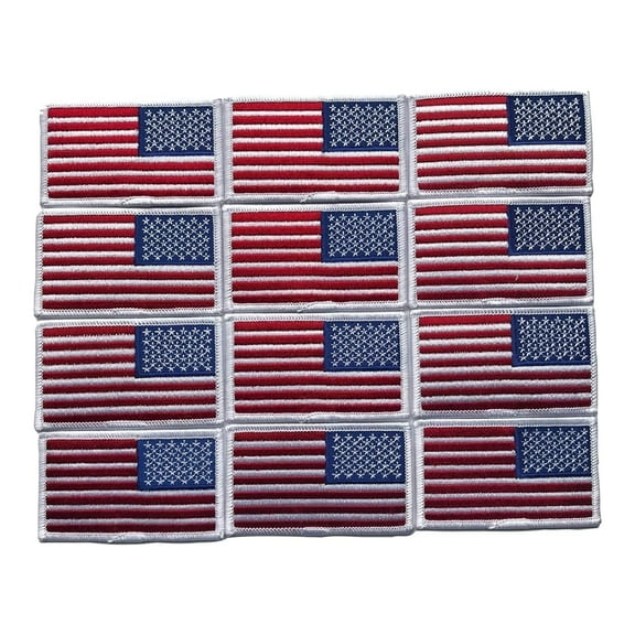Hero's Pride U.S. Flag Patch, Reverse Style, White Border, 3.38" x 2", Plastic Sew-on Backing (Pack of 12)