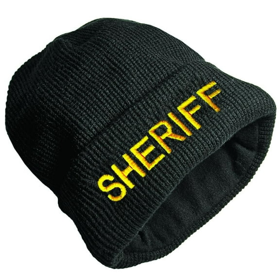 Hero's Pride SHERIFF Beanie - Black Fleece Watch Cap with Medium Gold Embroidery, One Size, Acrylic Knit