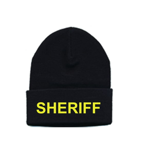 Hero's Pride SHERIFF Beanie - Acrylic Knit Watch Cap with Medium Gold Embroidery, One Size, Black