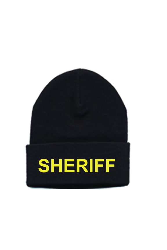 SHERIFF Beanie - Acrylic Knit Watch Cap with Medium Gold Embroidery, One Size, Black