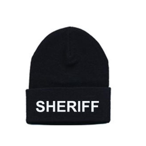 Hero's Pride SHERIFF Beanie - Acrylic Knit Watch Cap with White Embroidery, One Size, Black