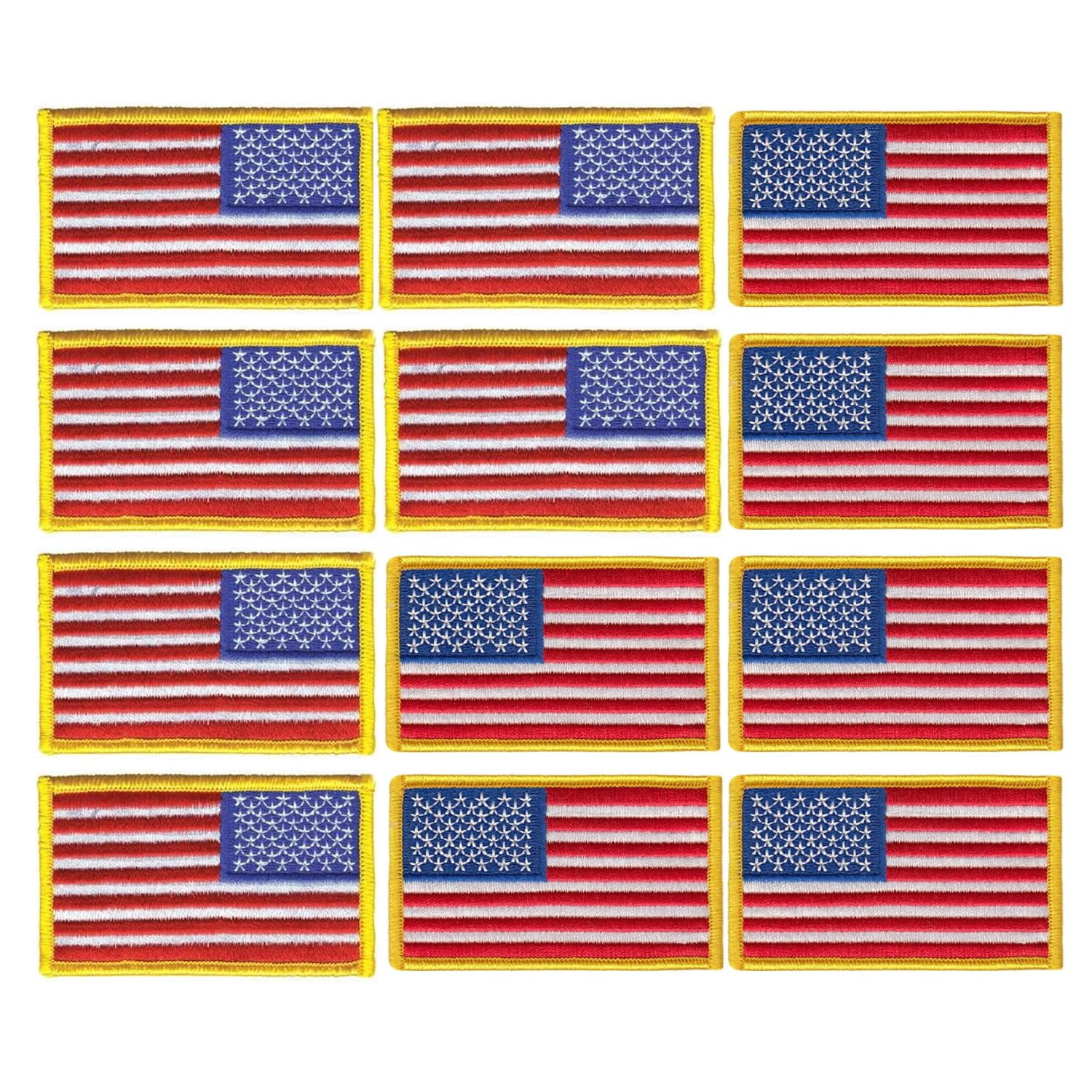 Hero’s Pride U.S. Flag Patch Bundle – Medium Gold – Regular & Reverse Design – 3-3/8" x 2", Sew-On – 12 Pack