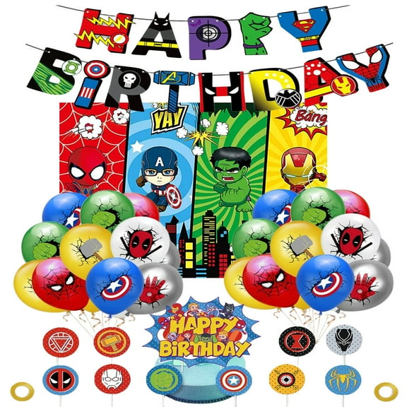 Hero theme Happy Birthday decorations - Birthday party set, including banner, balloons, backdrop, cake topper