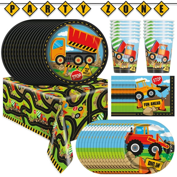 HeroFiber Construction Party Supply Set 16 Plates Napkins Cups Tablecloth