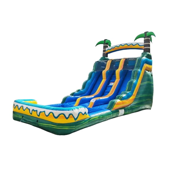 HeroKiddo 15' Tropical Breeze Dual Lane Inflatable Water Slide with Blower and Pool, Commercial Vinyl Blow Up Slide
