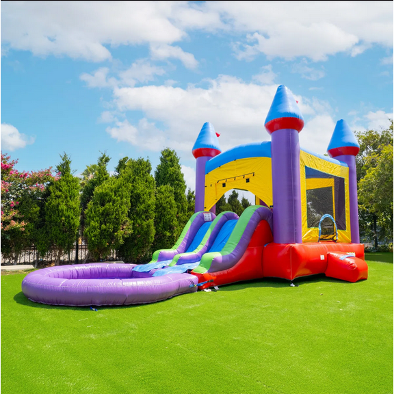 HeroKiddo Jelly Bean Castle Commercial Grade Bounce House Water Slide with Splash Pool (with Blower), Kids and Adults, Basketball Hoop, Wet Dry Combo, Inflatable, Outdoor Indoor, Birthday Party
