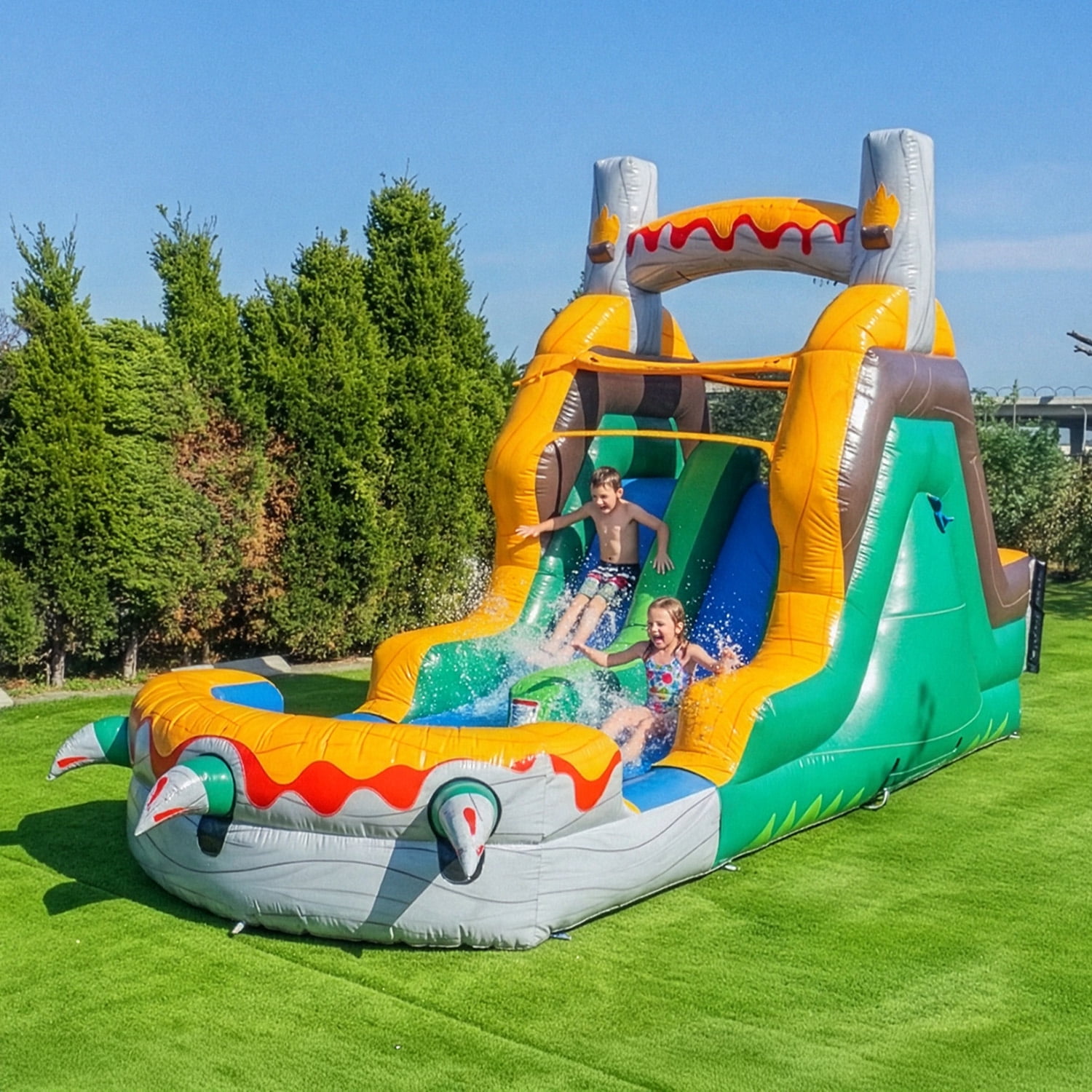 HeroKiddo T-Rex Adventure 12’ Tall Dual Lane Backload Inflatable Water Slide with Attached Pool, Dinosaur Theme, for Kids and Adults, Commercial Grade PVC Vinyl, Outdoor Backyard Fun, Blower included