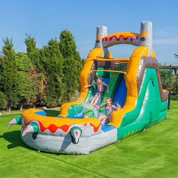 HeroKiddo T-Rex Adventure 12’ Tall Dual Lane Backload Inflatable Water Slide with Attached Pool, Dinosaur Theme, for Kids and Adults, Commercial Grade PVC Vinyl, Outdoor Backyard Fun, Blower included