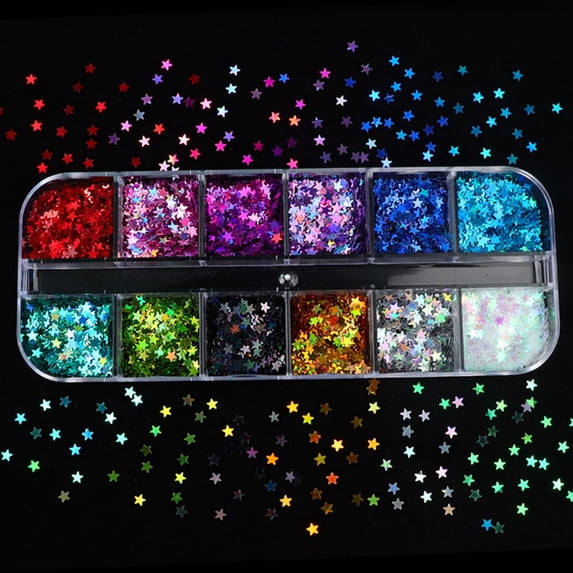 HeroNeo 12 Grids/Box Holographic Glitter Flakes Stars Shape Filling Fluorescent Sequins