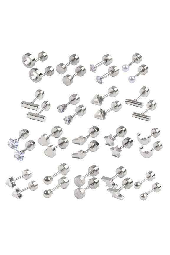 18-Pair Tiny Stud Earrings Hypoallergenic Flat Back Earrings Star Moon Triangle Ball Screwback Earrings Piercing Jewelry