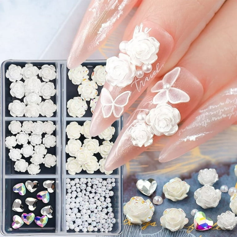 HeroNeo 3D Acrylic Flowers Nail Charms Heart Nail Rhinestone Clay Pearl  Nails Stickers 