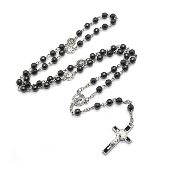 HeroNeo Saint Benedict Black Gallstone Catholic Rosary Cross Necklace Religious Jewelry