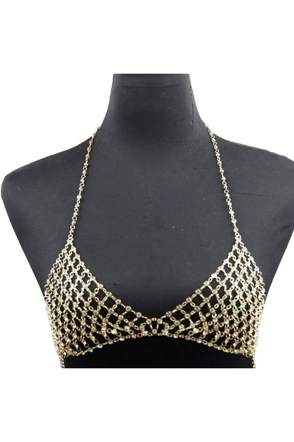 Sexy Beach Bra Chain Gold Body Jewelry Nightclub Rave Bikini Chest Chains Crystal Bra Chain Top for Women and Girls