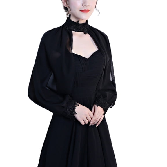 HeroNeo Women Elegant Side Split Long Sleeve Wedding Shawl Cape Halter Neck Chiffon Shrug Capelet Open Front Backless Floral Lace Bridal Jacket Bolero