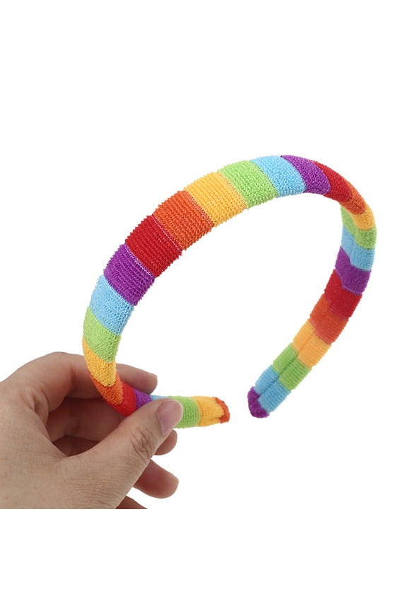 Women Girls Autumn Winter Plush Headband Rainbow Colorful Striped Elastic Hair Hoop Festival Party Wash Face Styling Headpiece Bandana