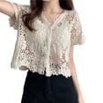 thumbnail image 1 of HeroNeo Women Summer French Style Short Sleeve Lace Shrug Hollow Out Crochet Knit Bolero Cardigan V-Neck Button Down Sheer Crop Top Jacket Beachwear, 1 of 10