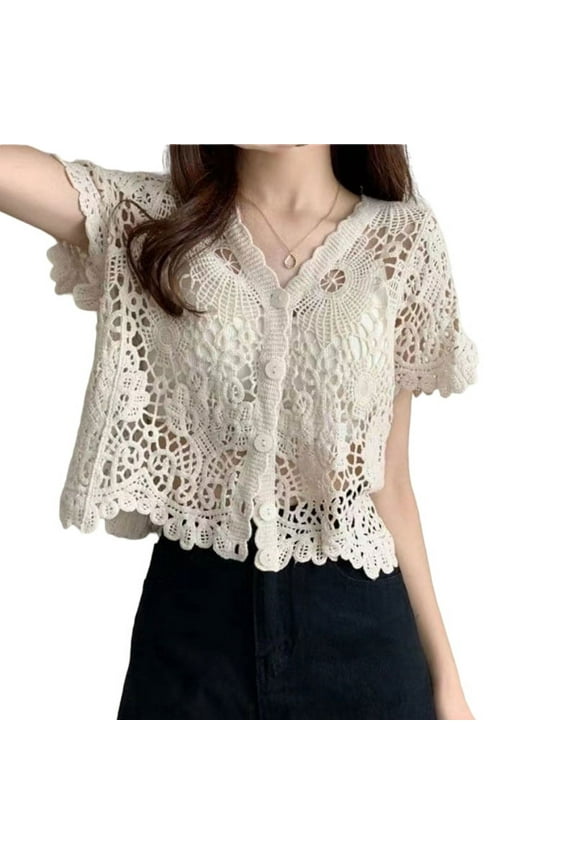 Women Summer French Style Short Sleeve Lace Shrug Hollow Out Crochet Knit Bolero Cardigan V-Neck Button Down Sheer Crop Top Jacket Beachwear