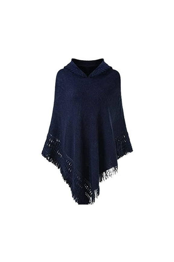 Women Winter Knit Hooded Poncho Cape Crochet Fringed Tassel Shawl Wrap Sweater