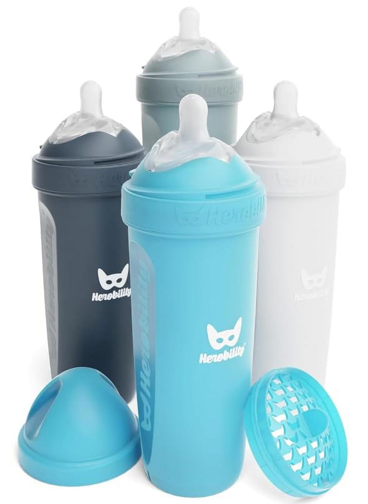 Herobility Double Anti-Colic Baby Bottles - 12 fl oz/340ml - 4-pack - BPA-free - Multicolor - White, Gray, Iron Blue, Blue C25