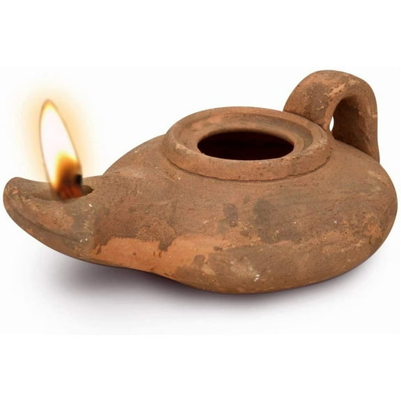 The Jerusalem Gift Shop Replica Ancient Terra-Cotta Clay Oil Lamp with Handle -Handmade Biblical Classic, size 4X3X2 Inch