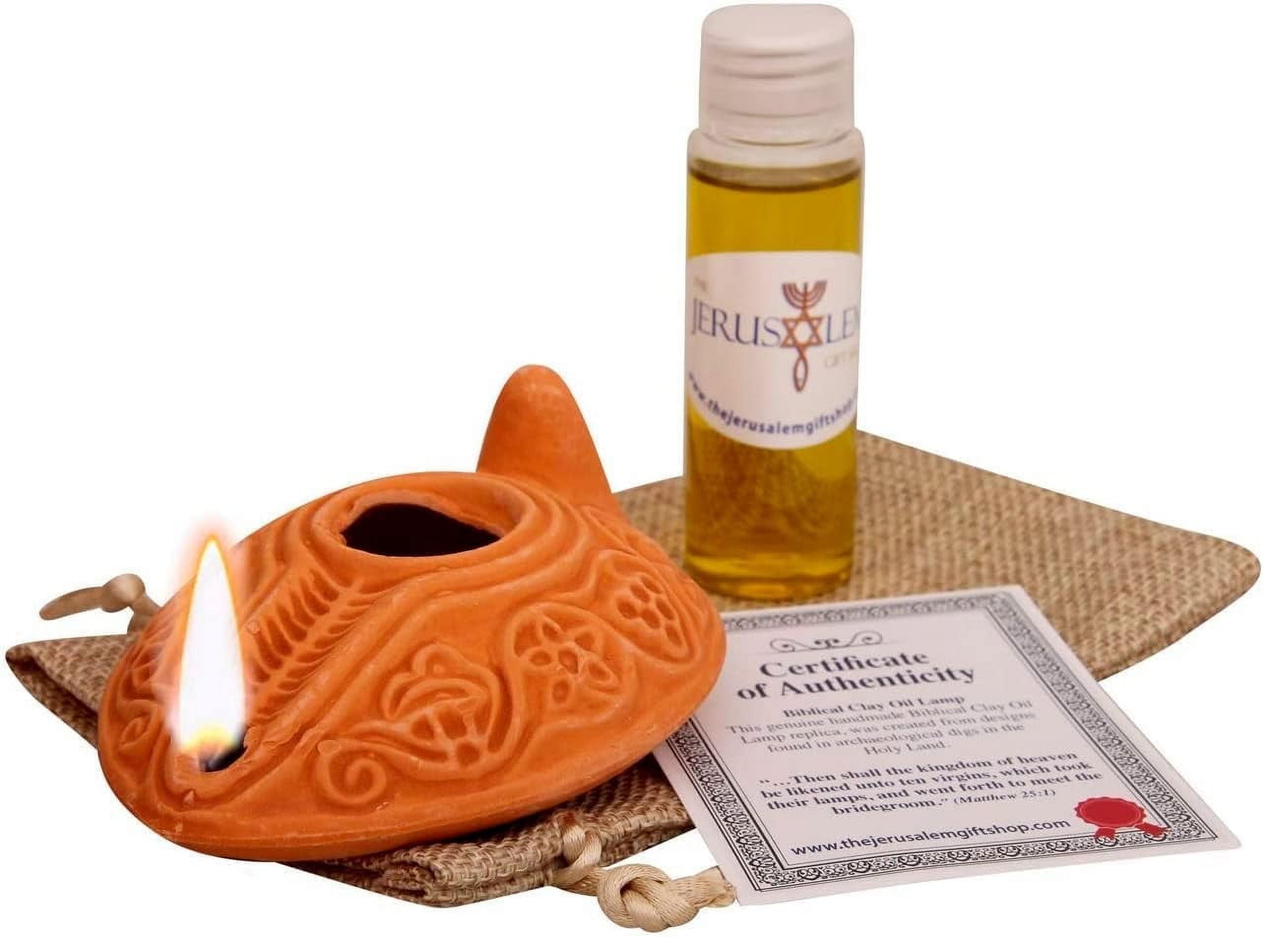 The Jerusalem Gift Shop Herodian Clay Oil Lamp Replica with Olive Oil – Small Decorative Lamp for Men & Women