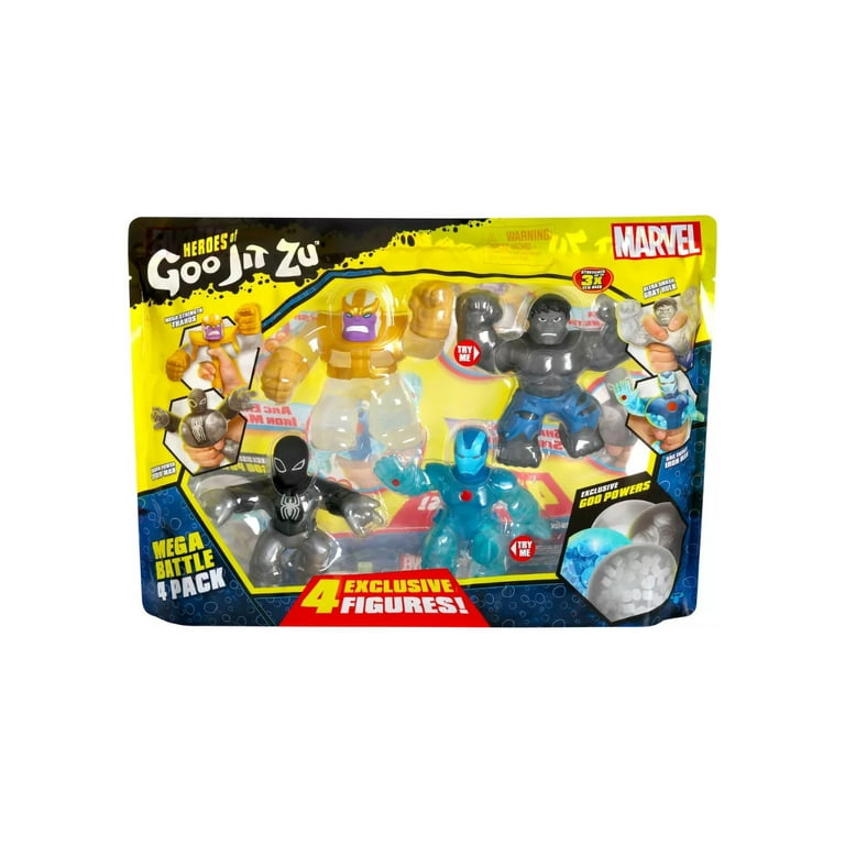 Heroes of Goo Jit Zu Marvel Mega Battle Hero Pack with 4 Exclusive Figures-  Mega Strength Thanos, Shadow Power Spider-Man, Ultra Smash Gray Hulk, and
