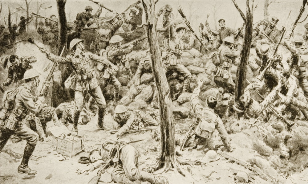 Heroes Of Delville Wood The Glorious Defence Of The South Africans In July 1916 Drawn By Frank Dadd Canvas Art - Ken Welsh  Design Pics (36 x 22)