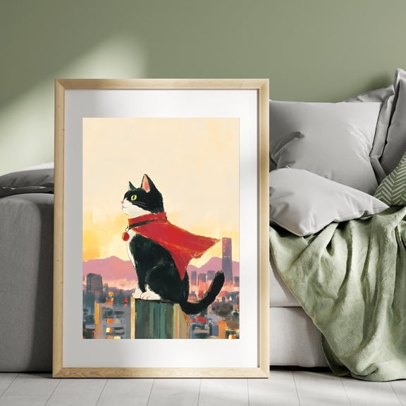 Heroic Cat Sunset Poster, Super Cat In Capeanime-Style Cat Art, Majestic Feline, Whimsical Cat Overlooking Wall Art, Modern Wall Decor, 24x36 UNFRAMED