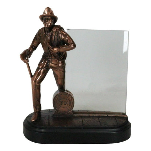 Heroic Fire Fighter Fireman With Axe And Hose Figurine With 6X4 Engravable Glass