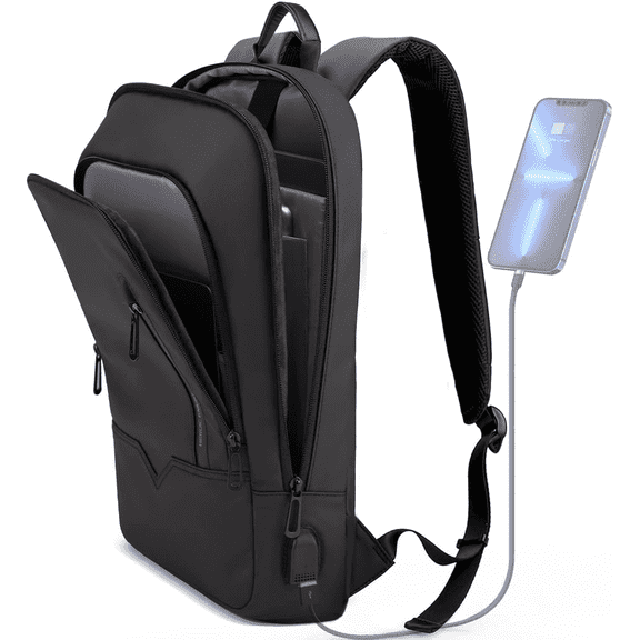 HEROIC KNIGHT Slim 15.6" Laptop Backpack for Men with USB Charger, Lightweight Durable Bag for Business Travel-Black