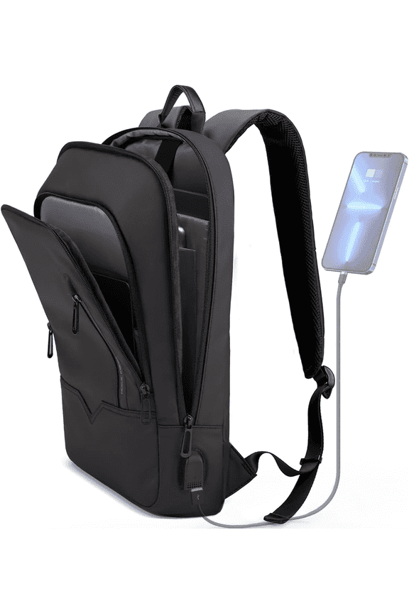 Slim 15.6" Laptop Backpack for Men with USB Charger, Lightweight Durable Bag for Business Travel-Black