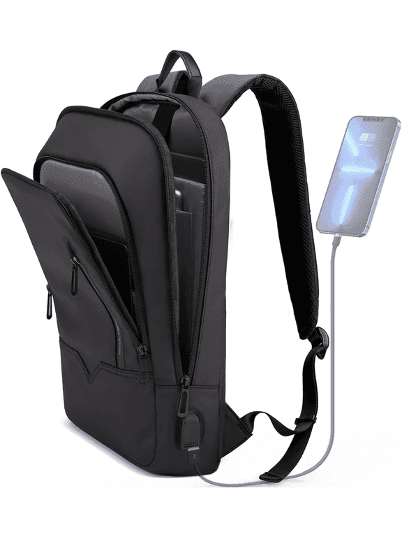Slim 15.6" Laptop Backpack for Men with USB Charger, Lightweight Durable Bag for Business Travel-Black